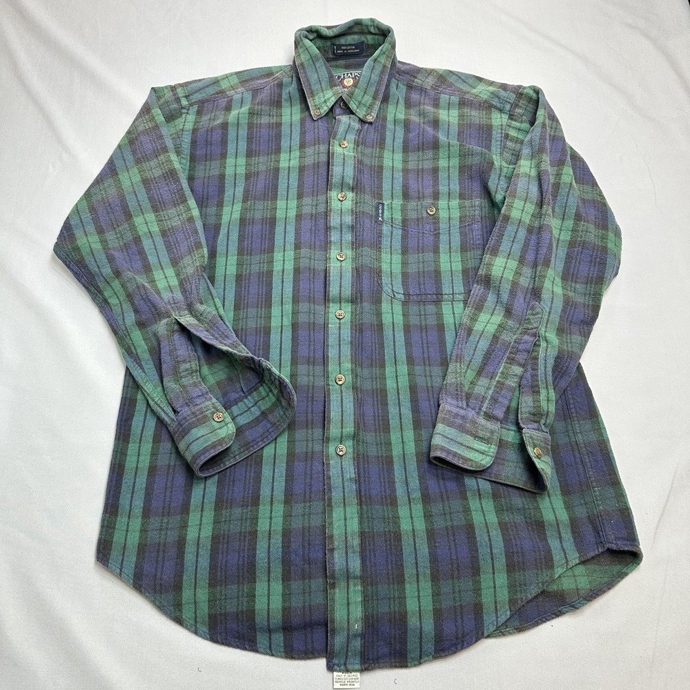 Chaps Ralph Lauren Shirt Mens Medium Green Plaid Flannel Gorpcore Casual